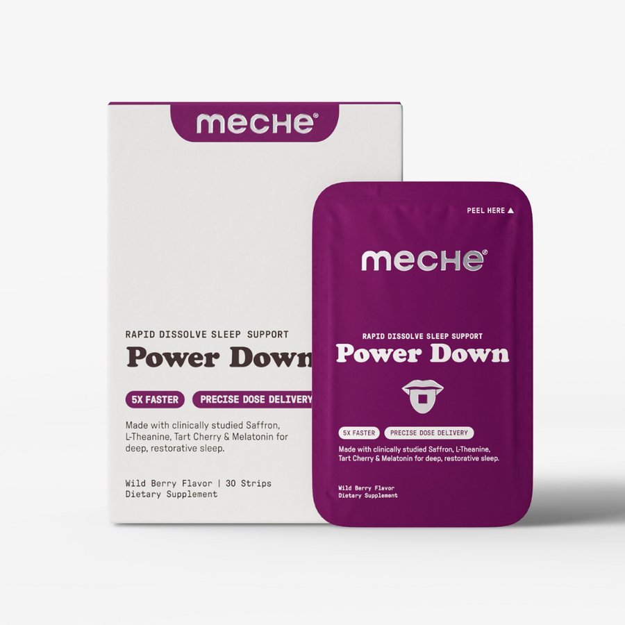 Meche Power Down rapid dissolve sleep support packaging on a white background