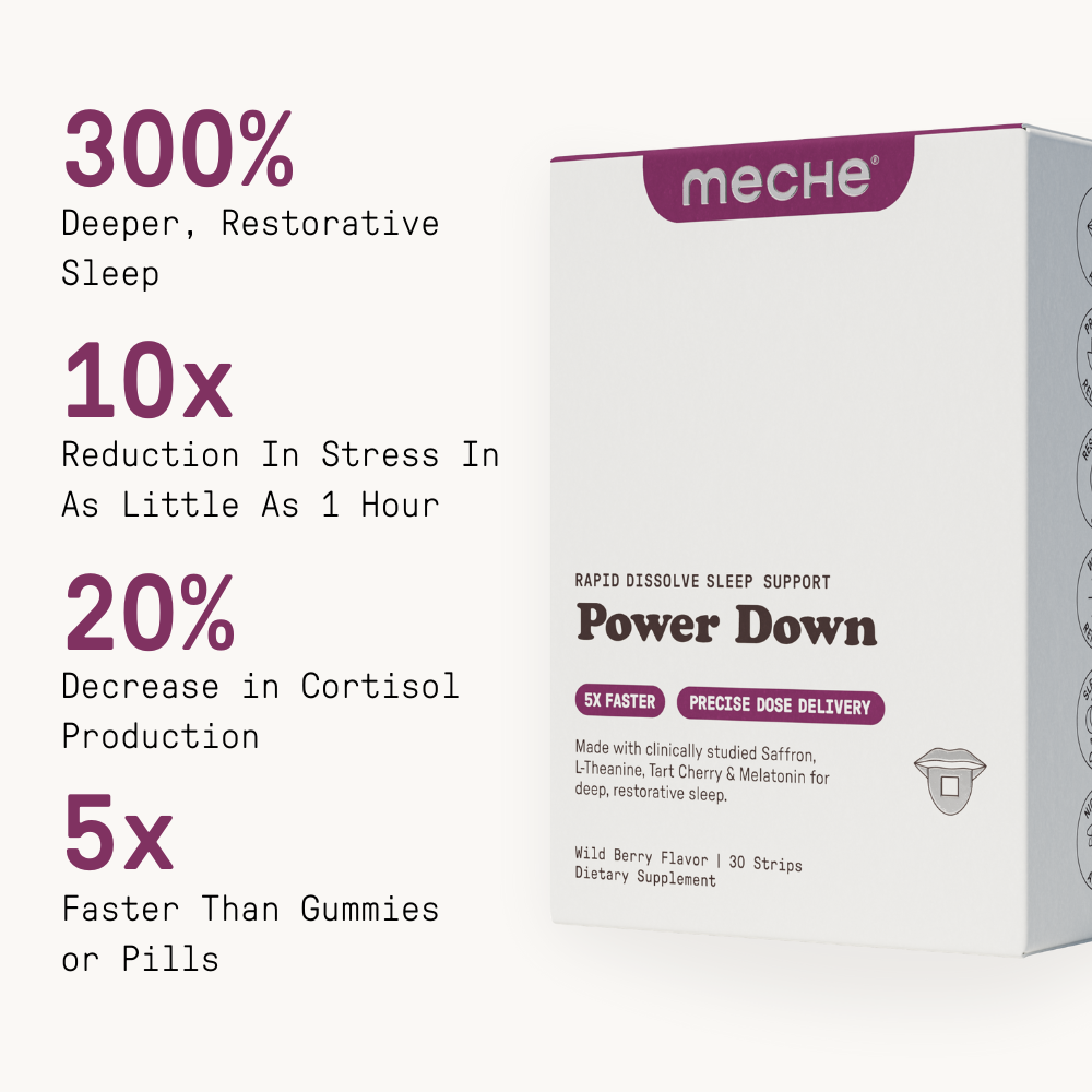 Mache Power Down sleep support packaging with product benefits on a white background