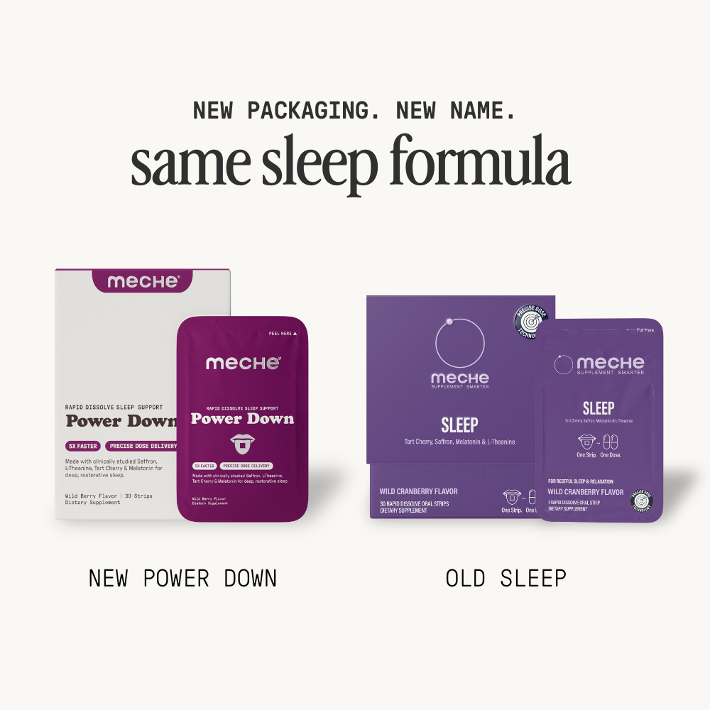 Comparison of new and old packaging for Meche sleep products on a white background.